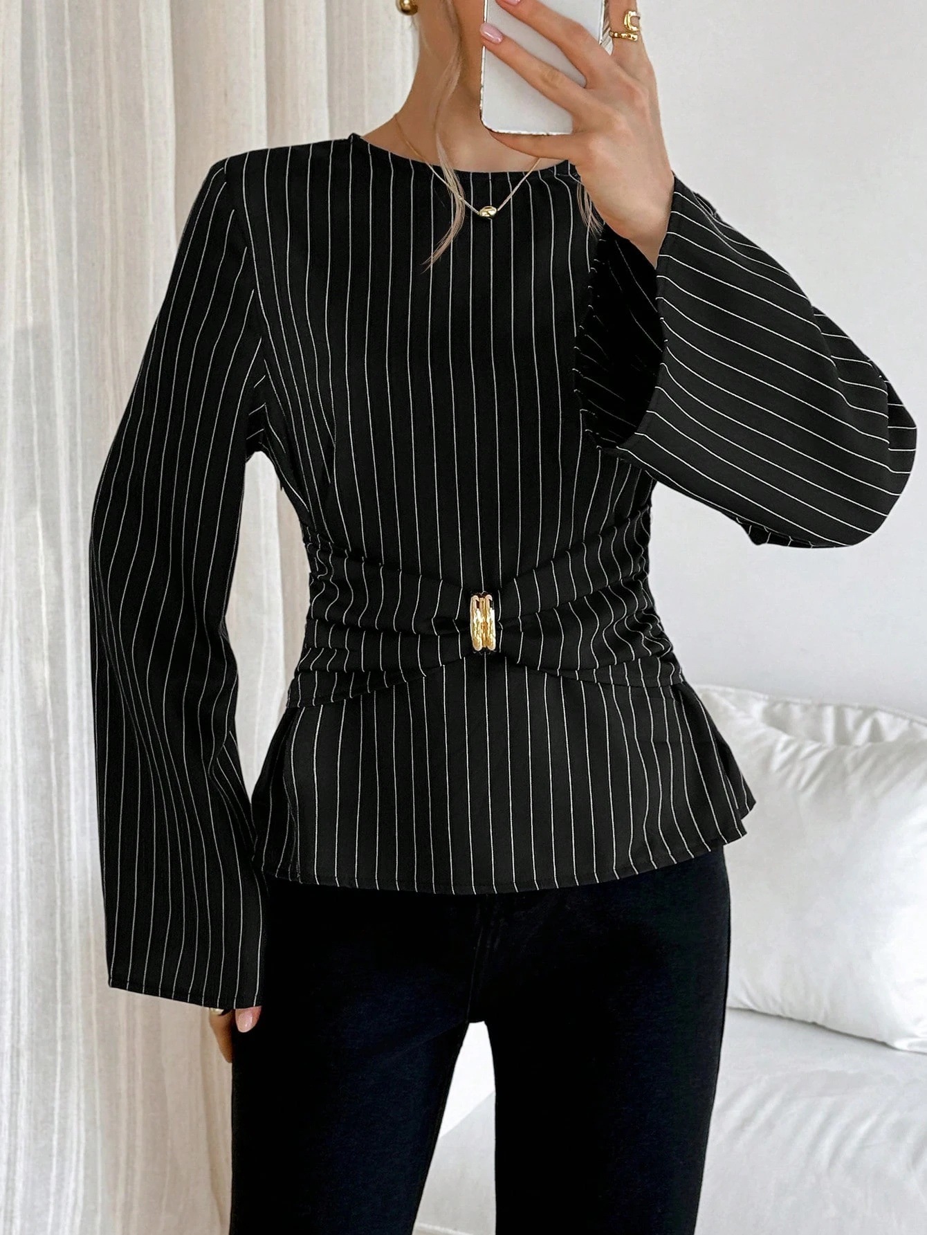 French-Style Striped Long-Sleeve Top with Bell Sleeves and Round Neck