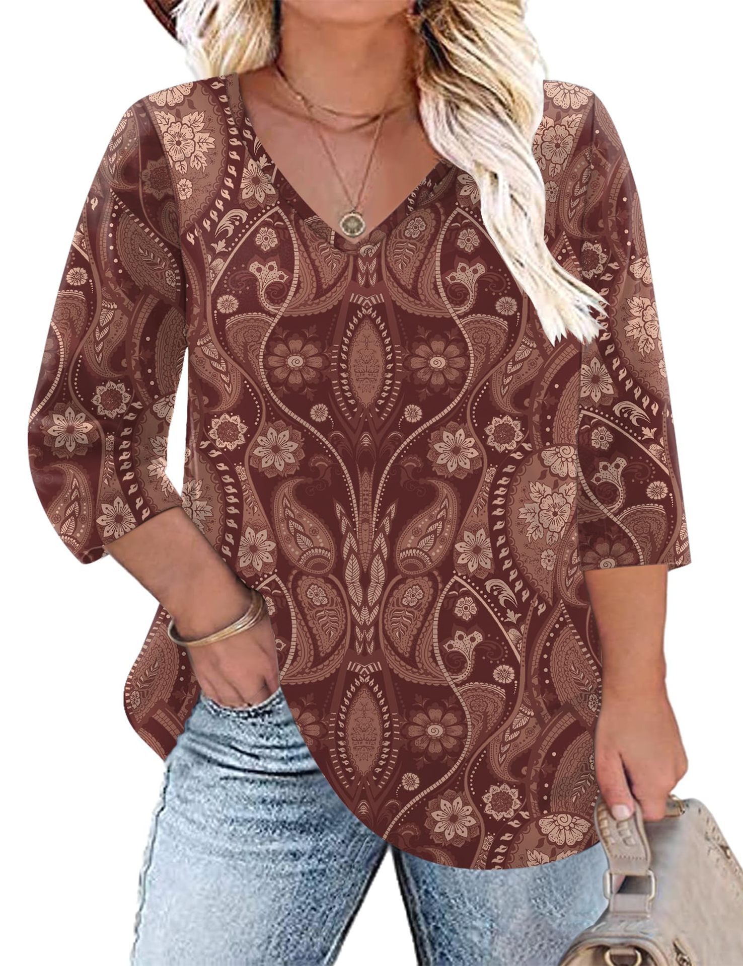 Women's Floral Print V-Neck Loose Long Sleeve T-Shirt