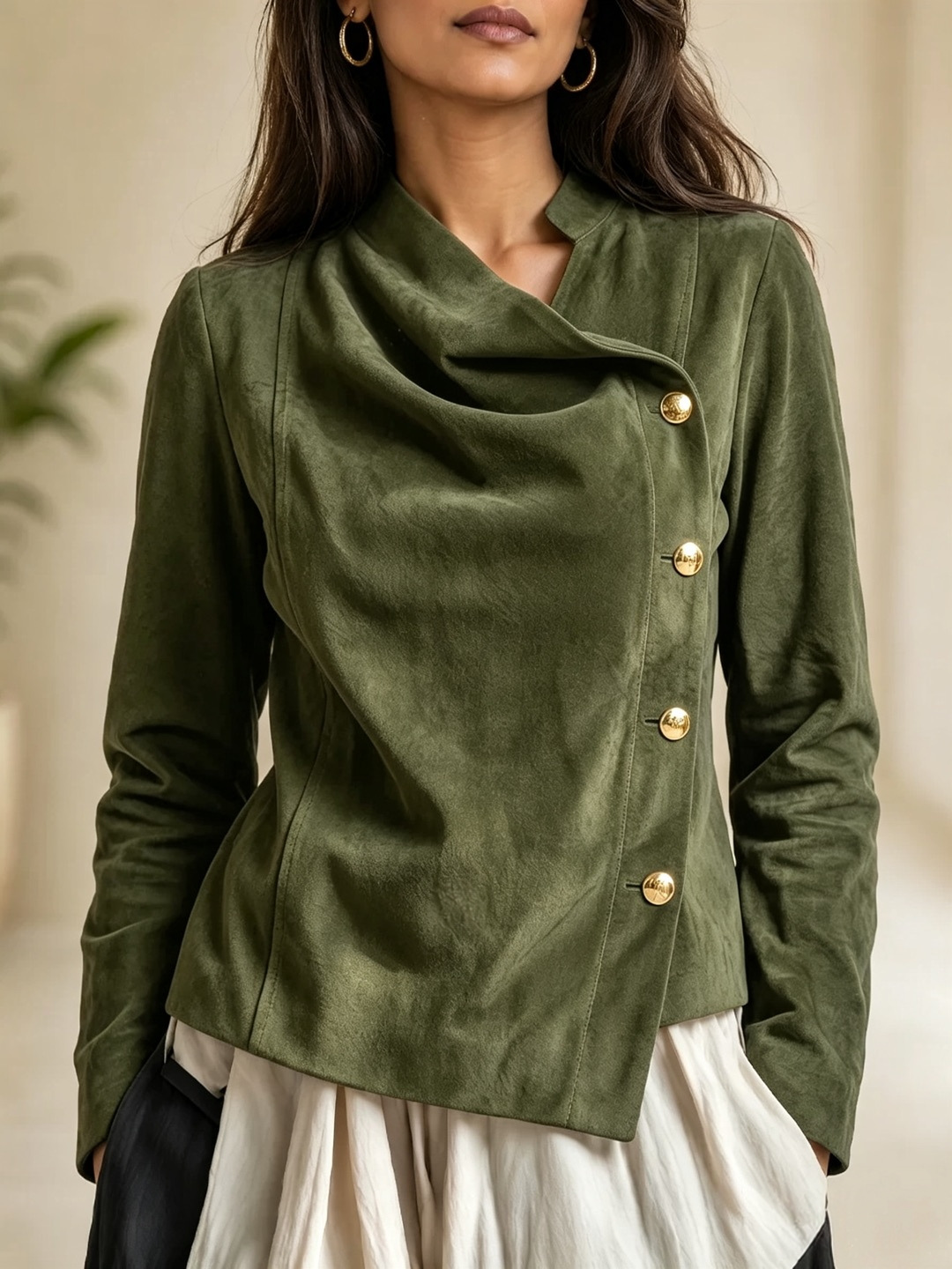 Women's Vintage Pleated Asymmetric Button Stand Collar Long Sleeve Jacket
