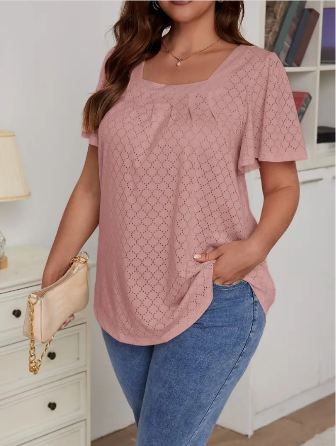 Plus Size Square Neck Pleated Loose Women's Top