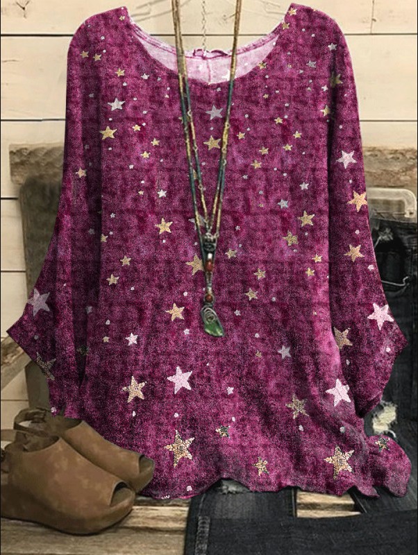 Cotton-Linen Print Round Neck Loose Vintage Top