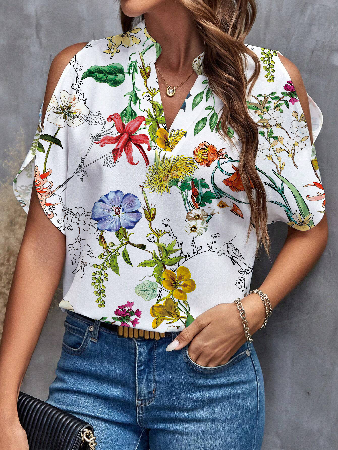 Floral V-Neck Cold-Shoulder Blouse