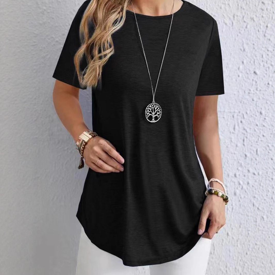 Women's Curved Hem Button Short Sleeve Top