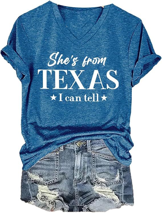 TEXAS Letter Print V-Neck Short Sleeve Women's T-Shirt
