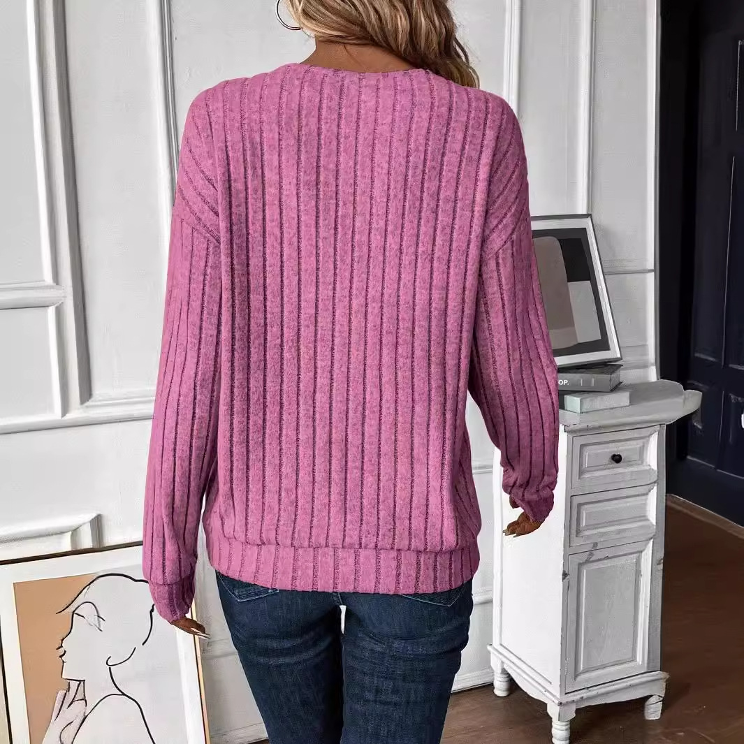 Long Sleeve V-Neck Knit T-Shirt Casual Solid Color Top for Women