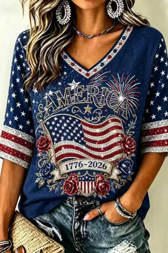 American Flag Fireworks Print V-Neck Short Sleeve T-Shirt for Women
