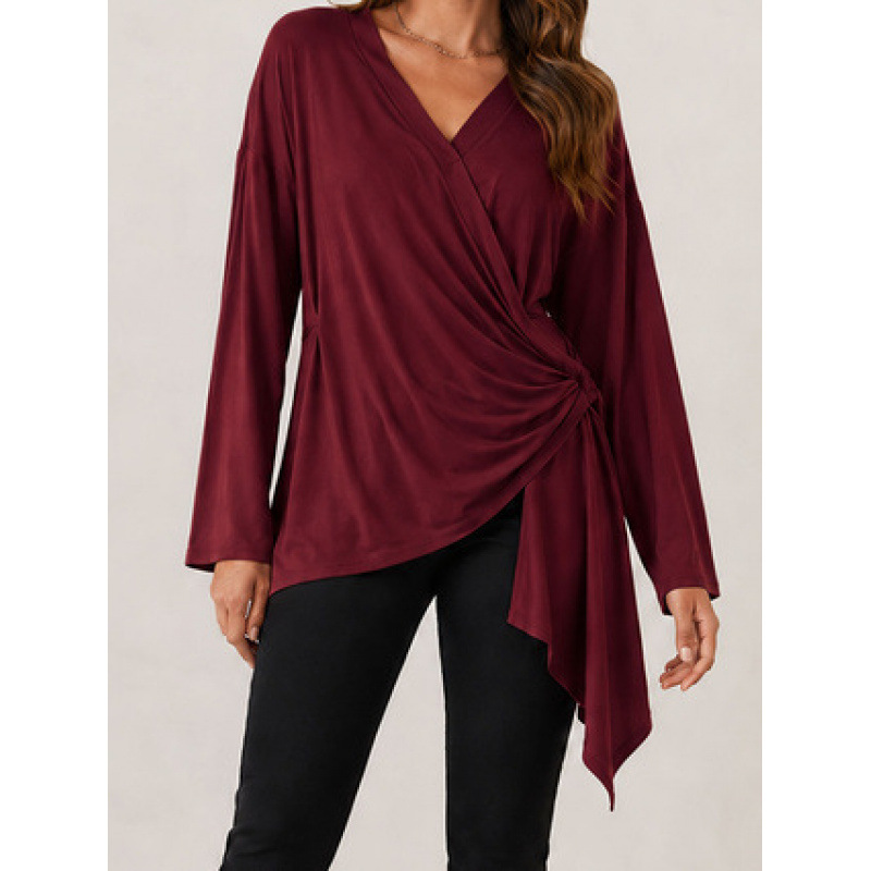 Women's Tie-Front Solid V-Neck Long Sleeve Casual Top