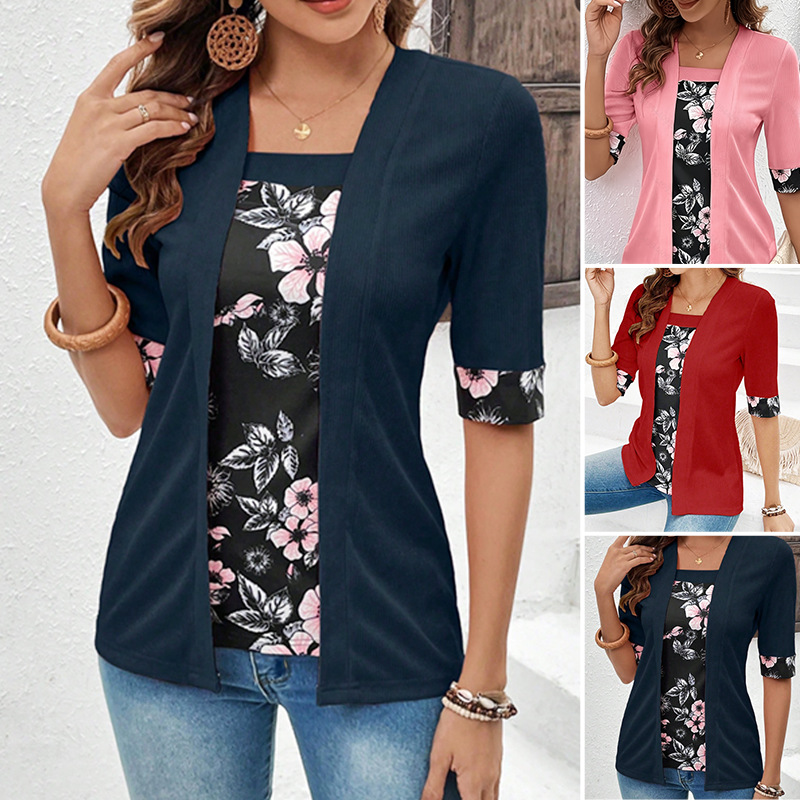 Women's Faux Two-Piece Short Sleeve Printed Top