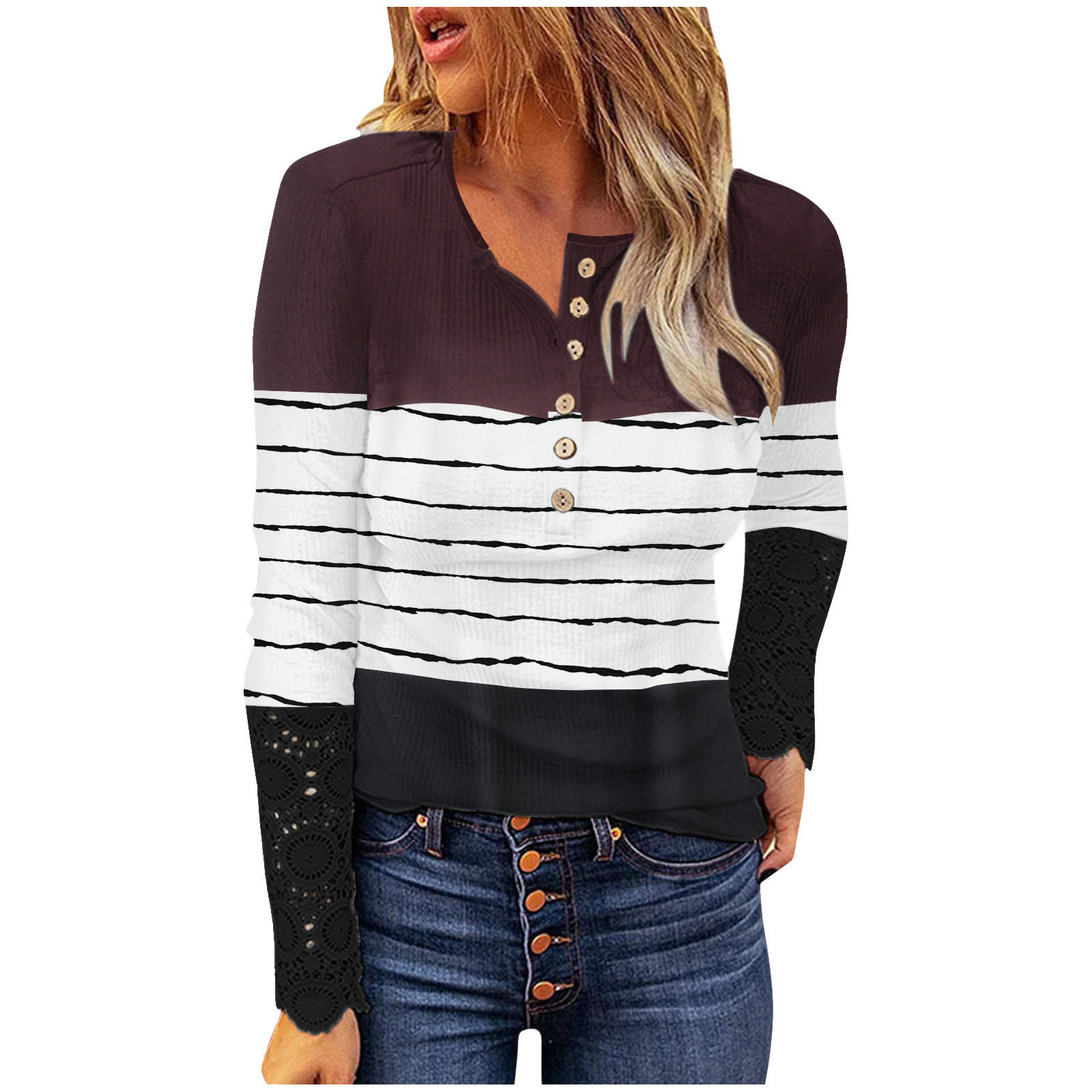 Lace Spliced Long Sleeve Ribbed Slim Fit Button Print Women's T-Shirt