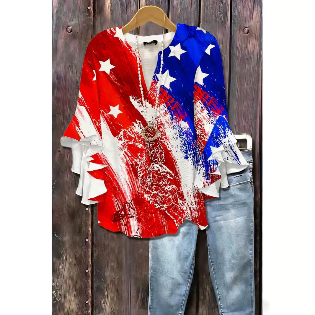 American Flag Print Rolled Sleeve Button Women's Top