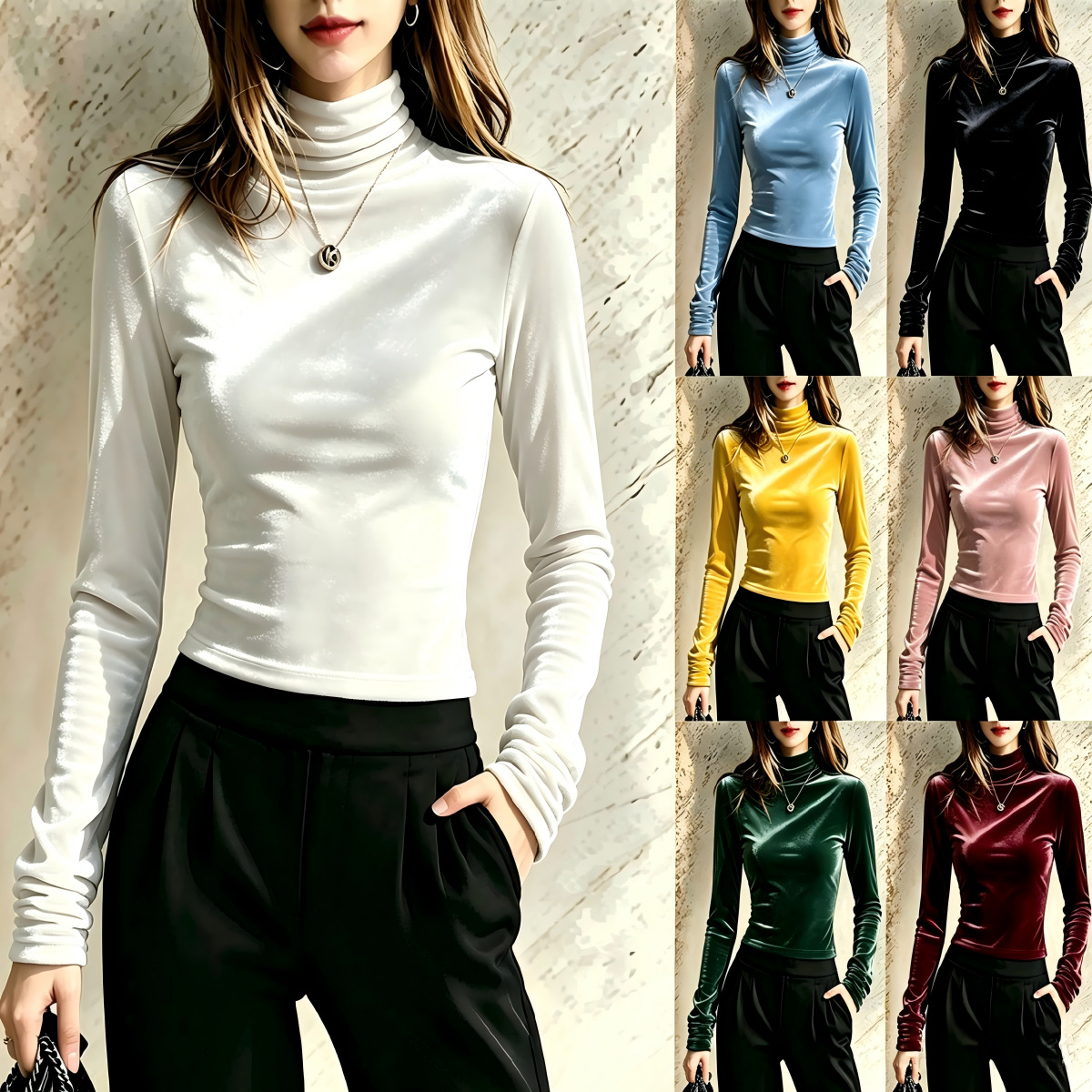 Solid Velvet High Neck Long Sleeve T-Shirt