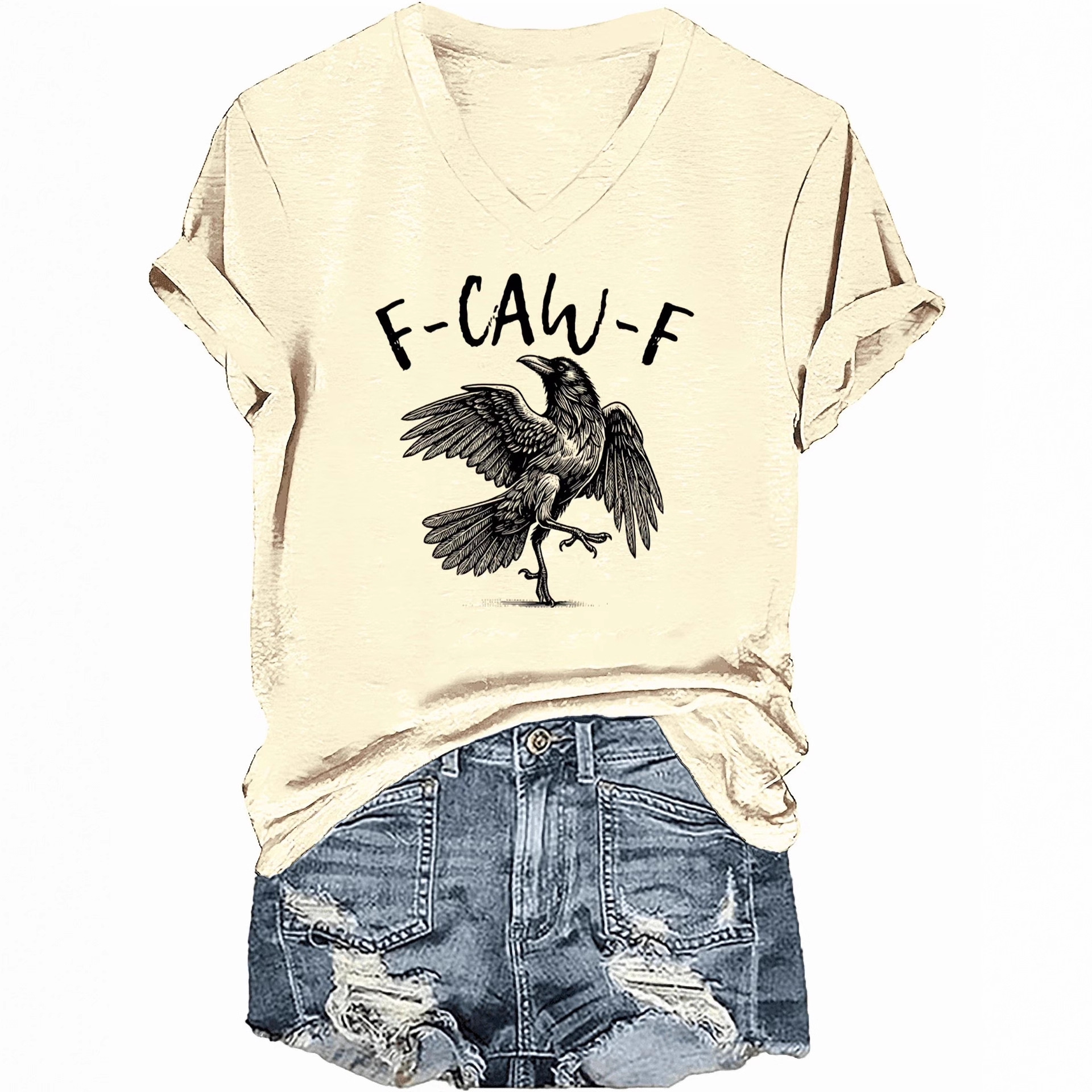 Flying Raven Graphic V-Neck Short Sleeve T-Shirt for Women
