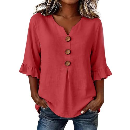 Women's Summer Solid Print Mid-Sleeve Button Top