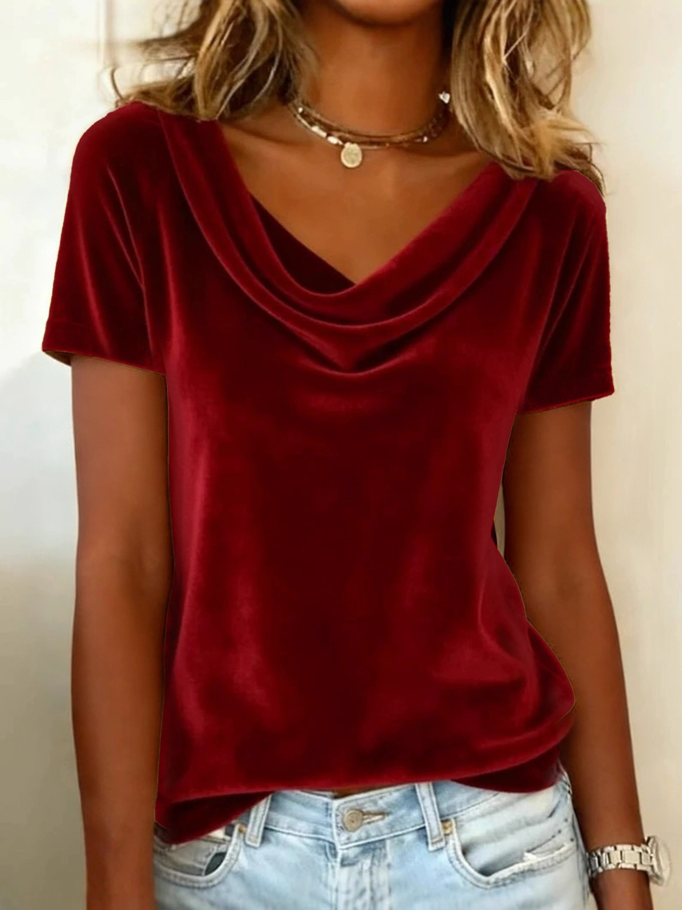 Solid Cowl Neck Short Sleeve Velvet T-Shirt