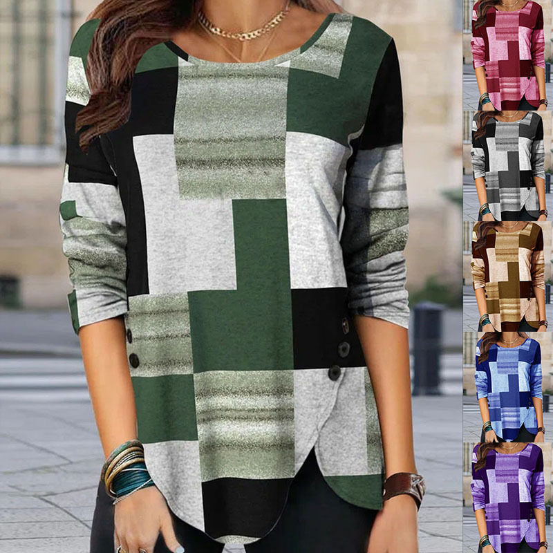 Women's Colorblock Print Long-Sleeve Crewneck Pullover T-Shirt