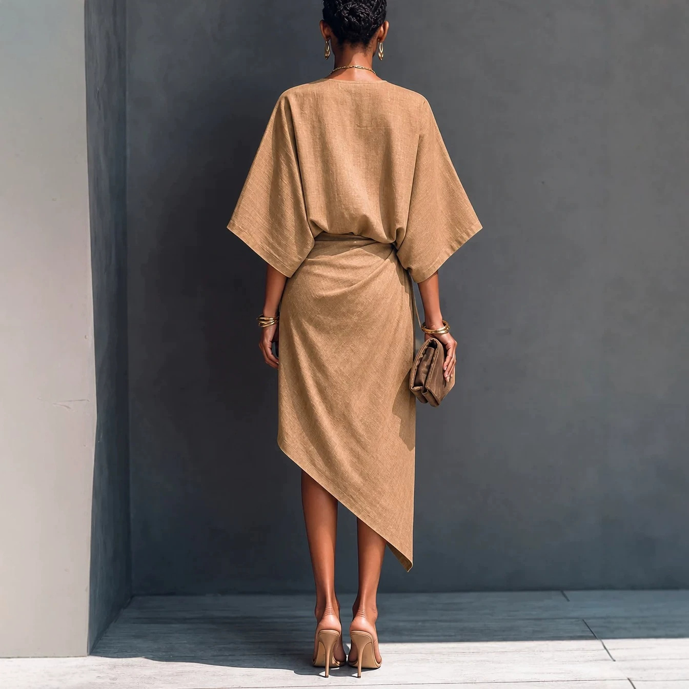 Khaki Cotton-Linen Batwing Sleeve Wrap Waist Irregular Slit Midi Dress