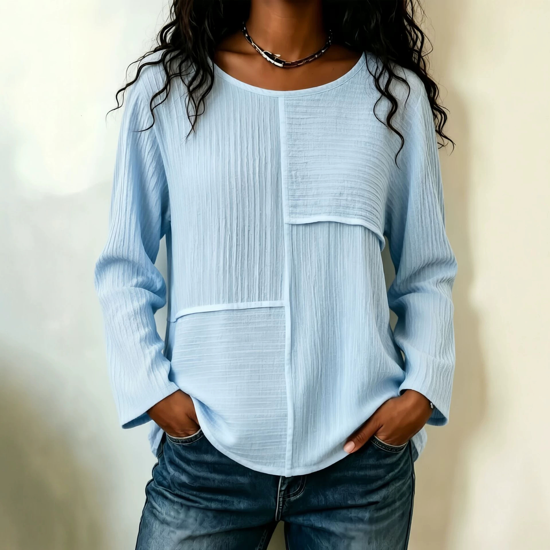 Women's Summer Long Sleeve Crewneck Patchwork Loose Casual T-Shirt