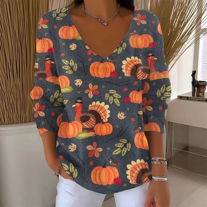 Women's V-Neck Long Sleeve T-Shirt with Animal & Plant Digital Print