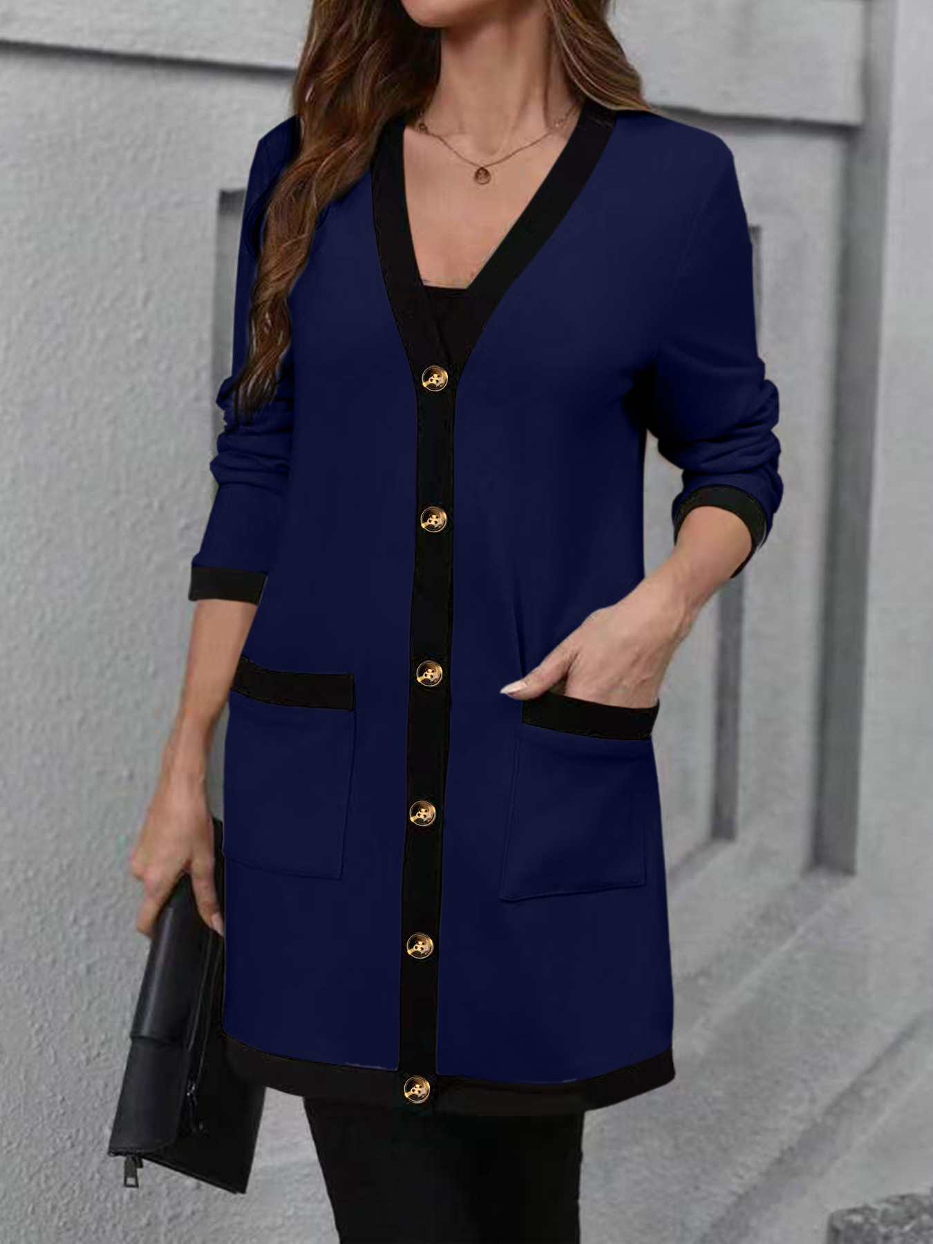Colorblock Trim Knit Cardigan Women Open Front Midi Pocket Long Sleeve Plus Size