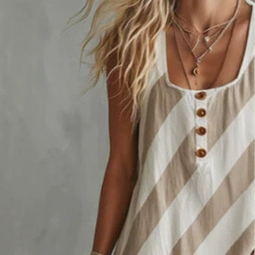 Retro Beige Diagonal Stripe Print Long Dress Square Neck Sleeveless