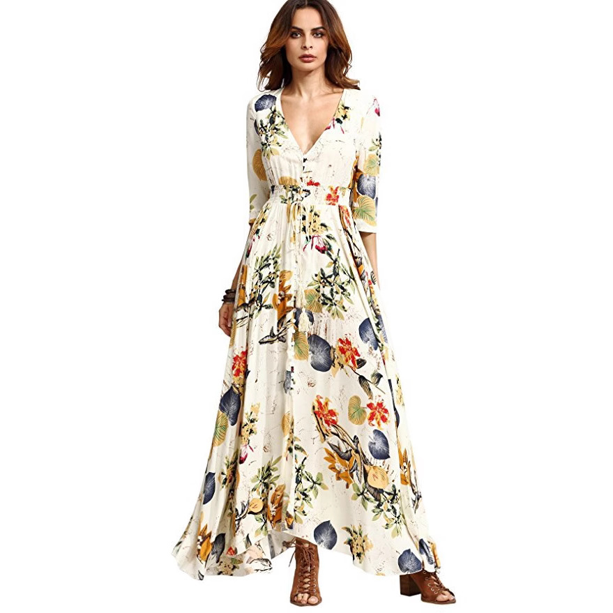 Bohemian Vintage Floral V-Neck Loose Long Dress