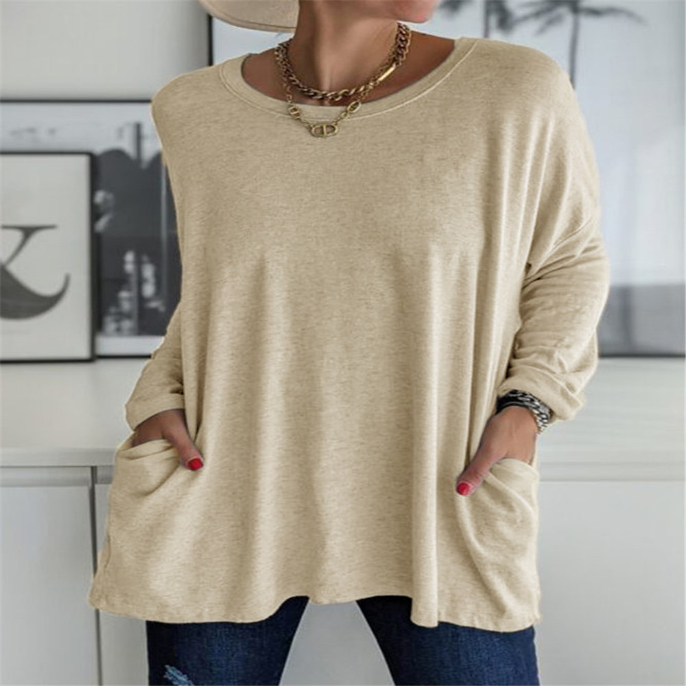 Women's Loose Fit Crewneck Long Sleeve Solid T-Shirt with Pocket