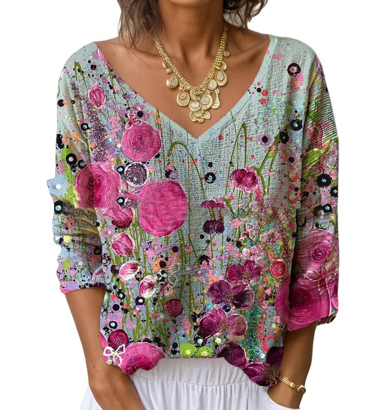 Women's V-Neck Long Sleeve Printed T-Shirt