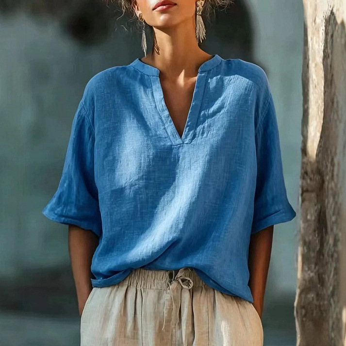 Women's Solid V-Neck Three-Quarter Sleeve Cotton-Linen Top