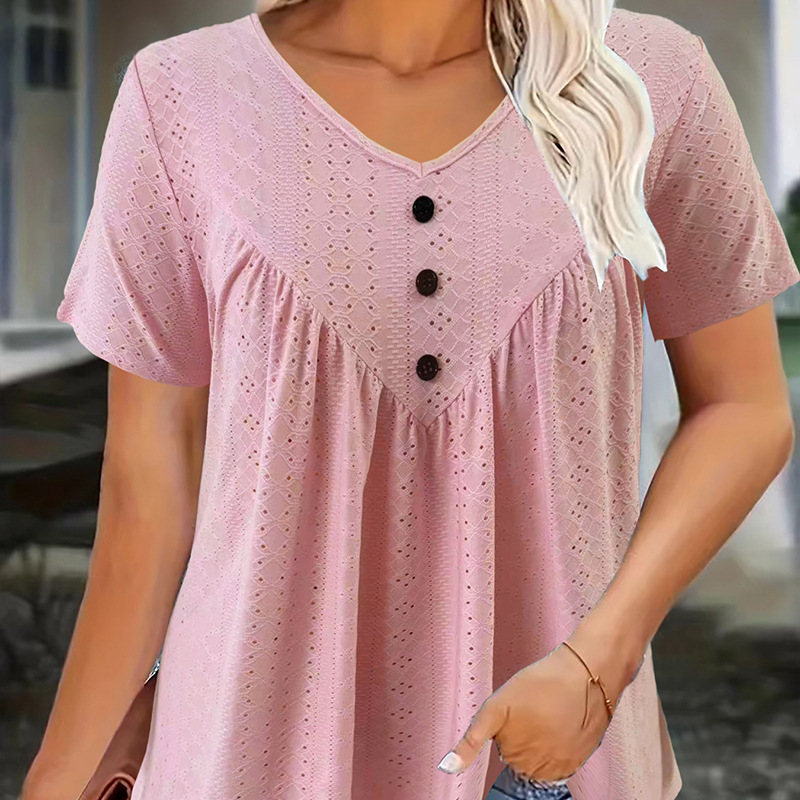 Button-Design Short Fringe T-Shirt Casual Loose Fit