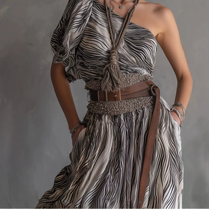 Western Abstract Striped One-Shoulder Chiffon Maxi Dress
