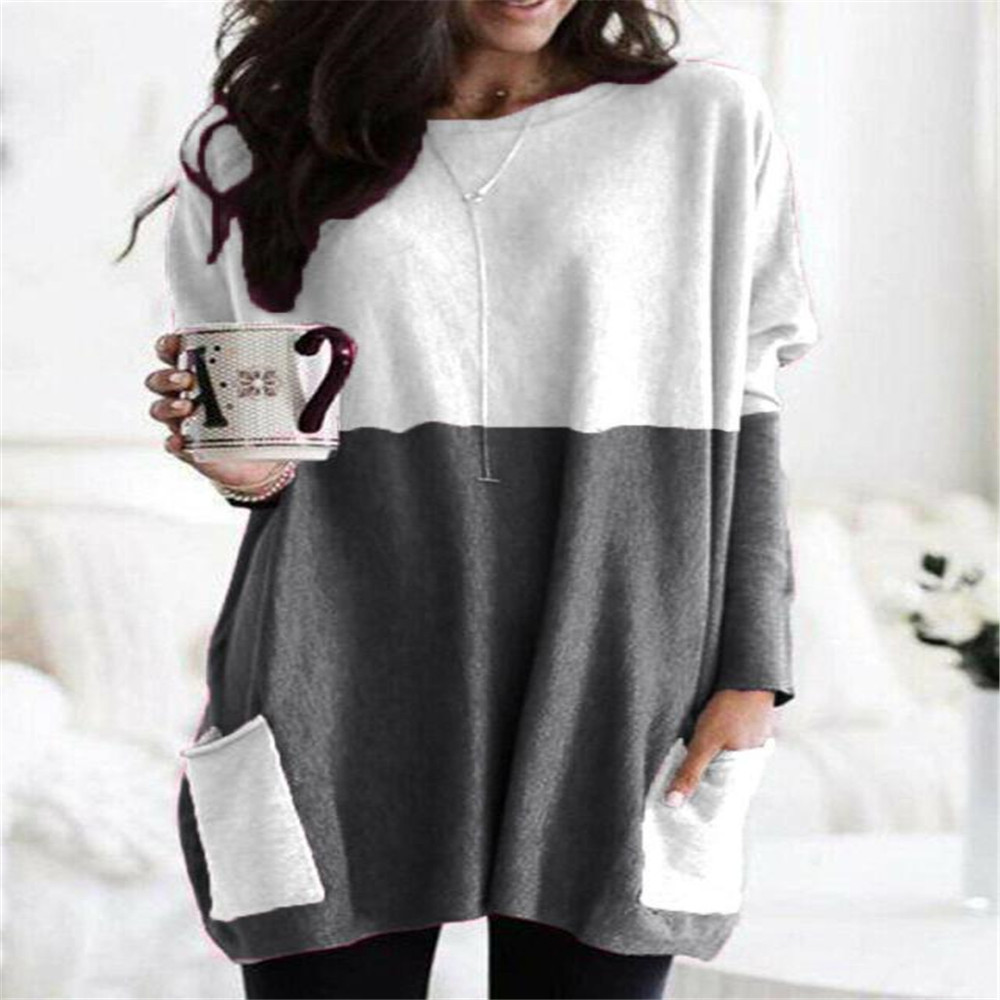 Women's Long Sleeve Pocket T-Shirt Casual Loose Fit Crew Neck Solid Color