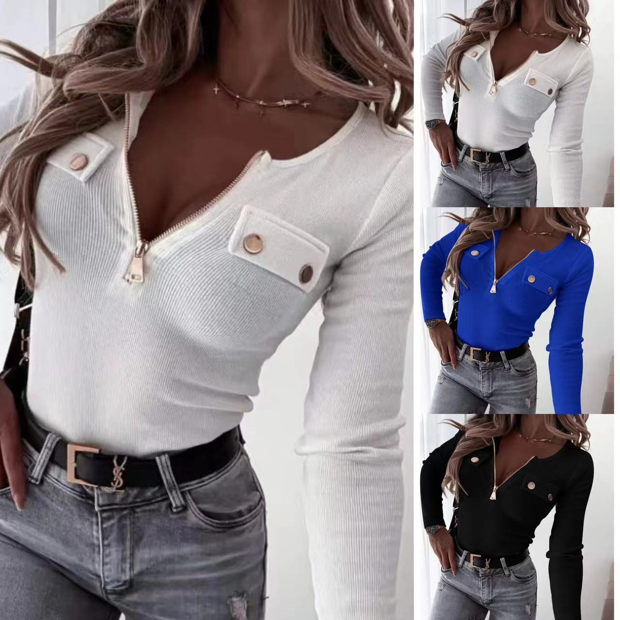 Women's Slim Fit Knit Long Sleeve Zip-Up Top