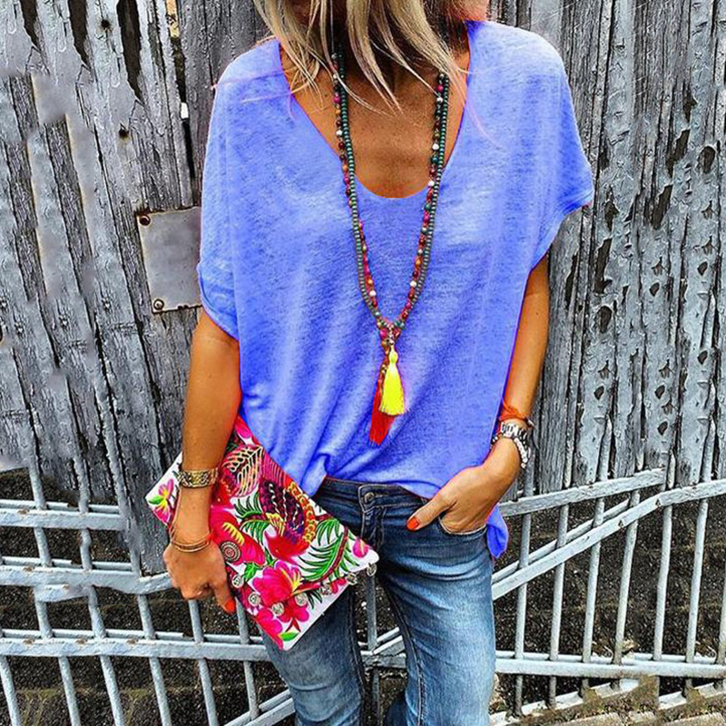 Candy Color V-Neck Short Sleeve T-Shirt for Women