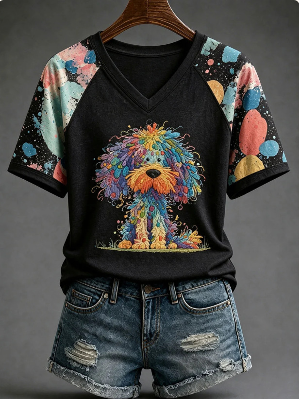 Women's Short Sleeve V-Neck T-Shirt with 3D Dog Print
