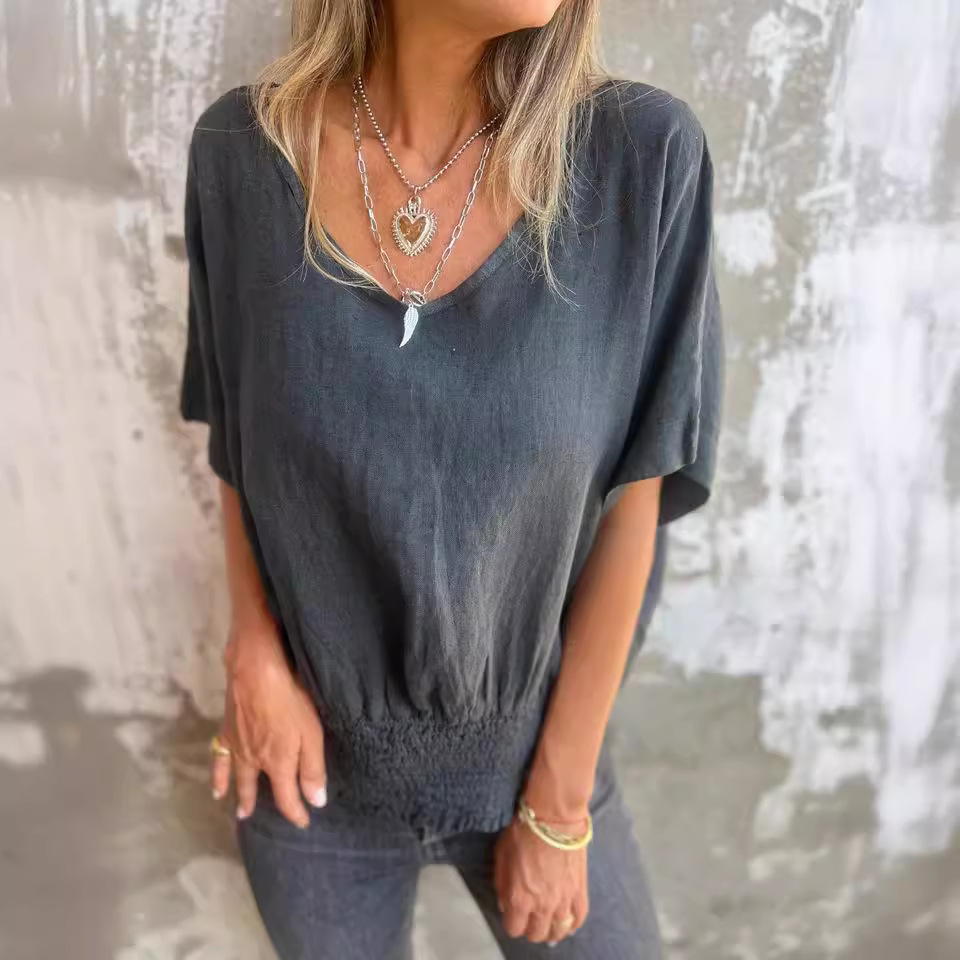 Women's V-Neck Loose Fit Cotton Linen Smocked Top Casual T-Shirt