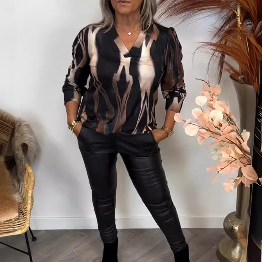 Women's Floral Print V-Neck Long Sleeve Top