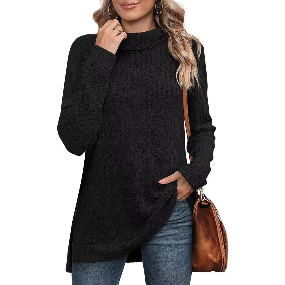 Women's Solid High Neck Slit Ribbed Loose Long Sleeve Top