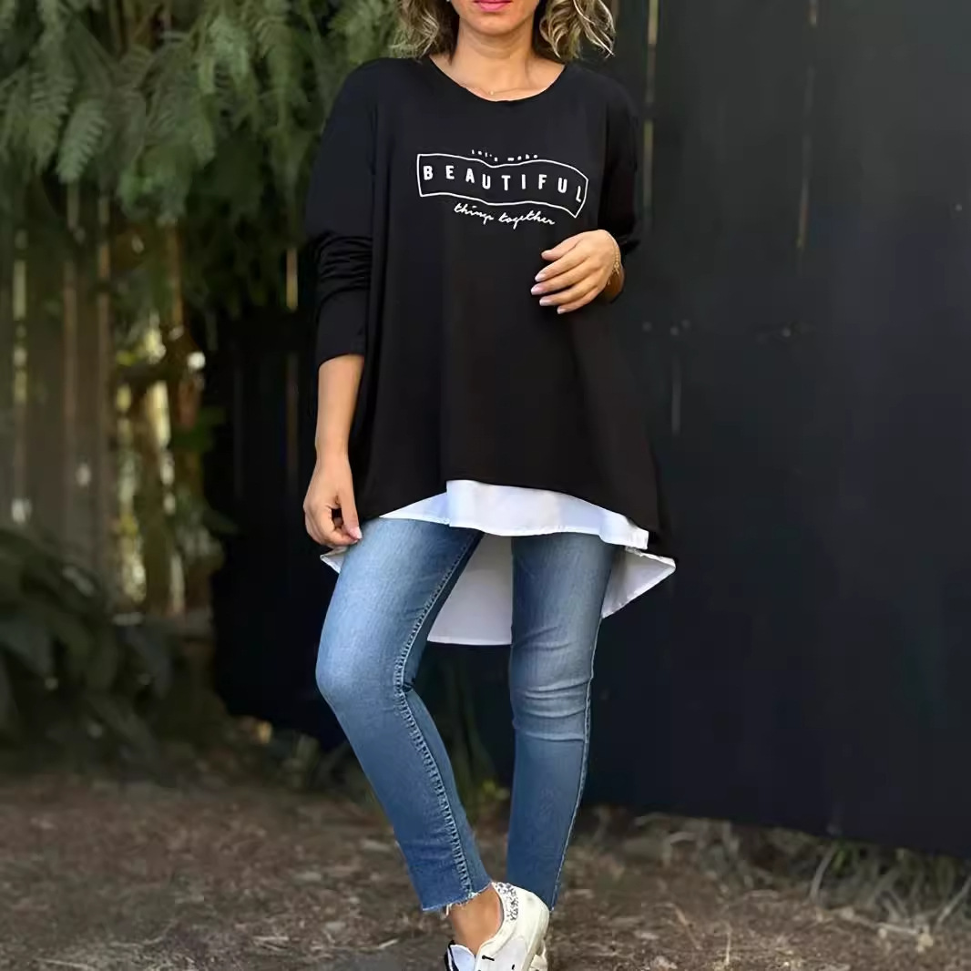 Women's Round Neck Faux Two-Piece Back Button Letter Long Sleeve Top