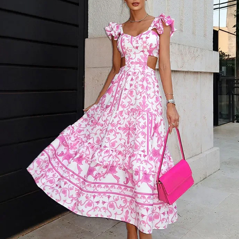 Women's Flutter-Sleeve Printed Cutout Waist Maxi Dress