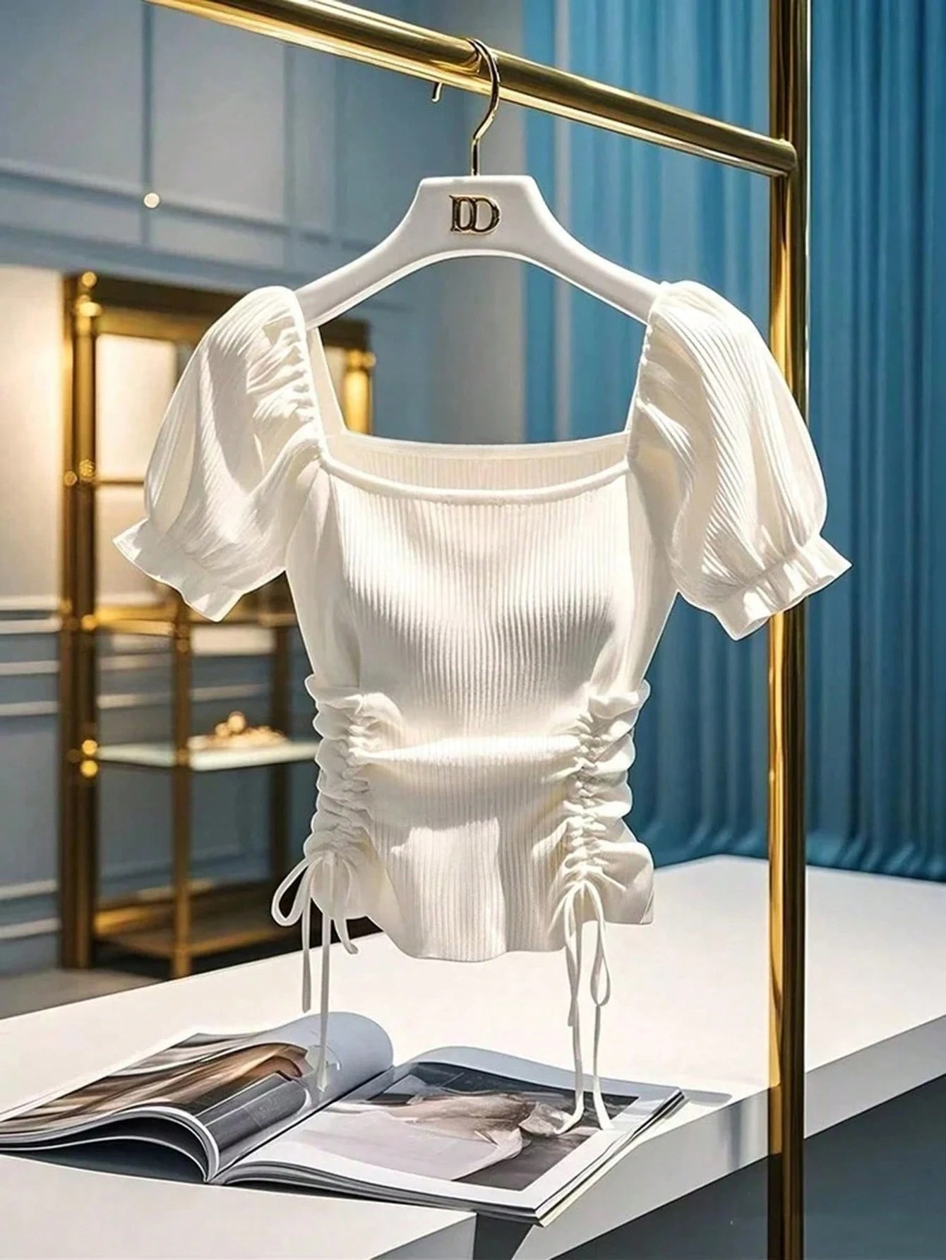 Square Neck Puff Sleeve Drawstring Blouse