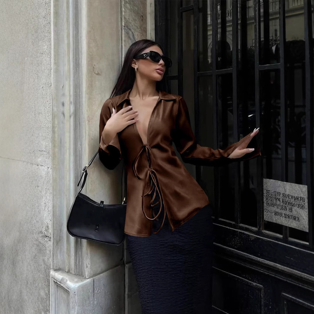 Satin Tie-Front Cardigan Long Sleeve Slim Fit Shirt