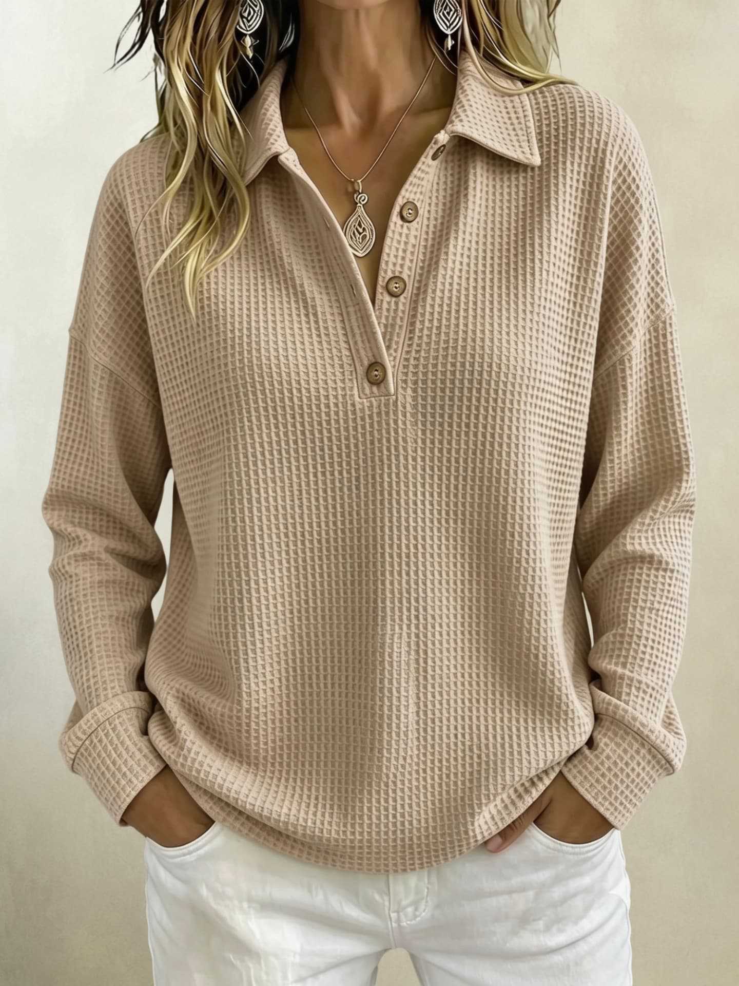 Waffle Knit Polo Collar Long Sleeve Top for Women Loose Half-Button Solid Color Henley Tee