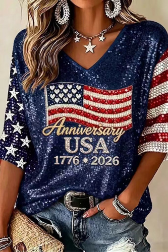 Women's American Flag Firework Print V-Neck Short Sleeve T-Shirt
