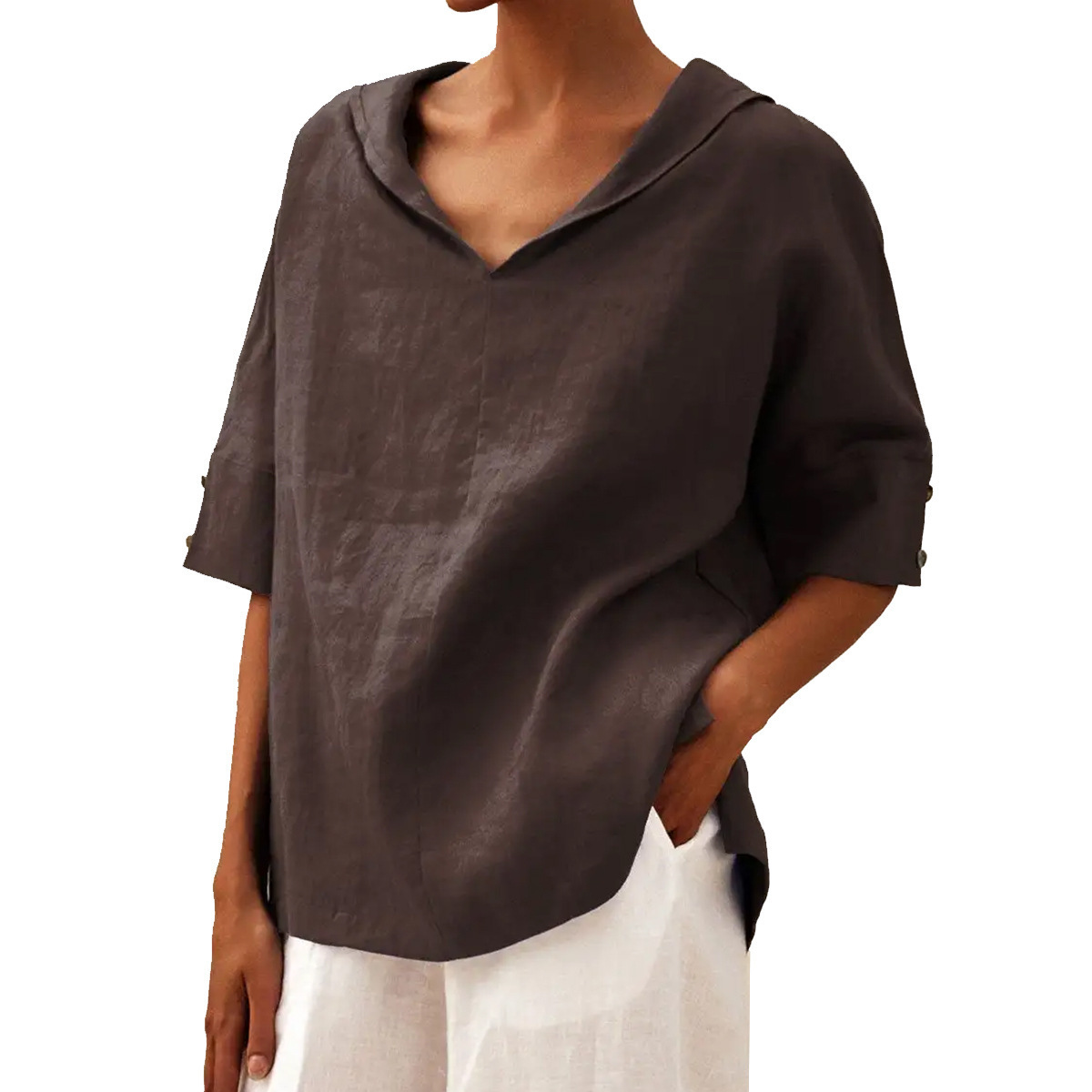 Women's Cotton-Linen Sailor Collar Loose Short-Sleeve Top