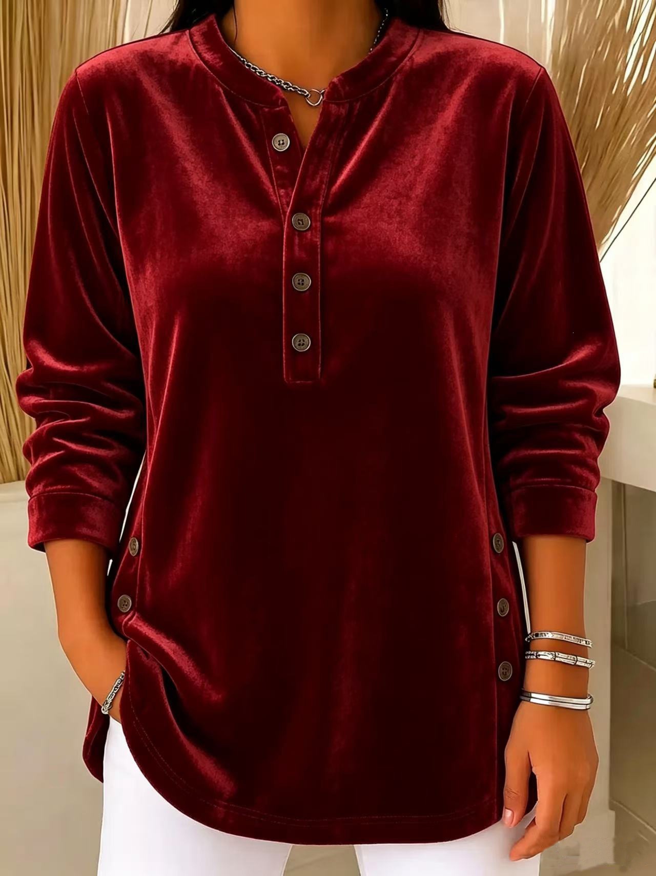 Women's Velvet V-Neck Button Long-Sleeve Loose Fit T-Shirt