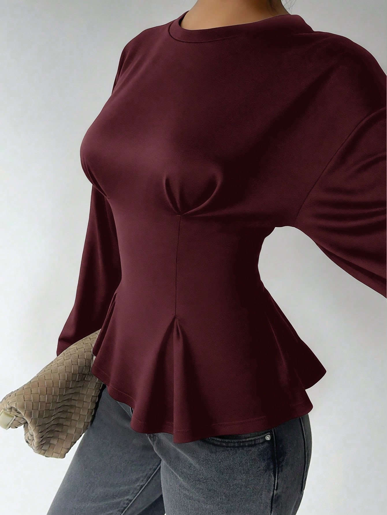 Women's Slim Fit Pleated Long Sleeve Crewneck Pullover Top