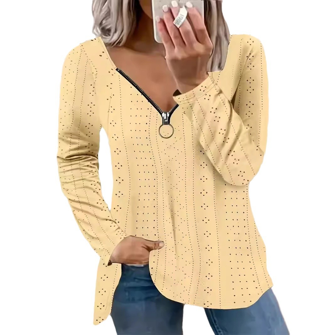 V-Neck Long-Sleeve Jacquard T-Shirt