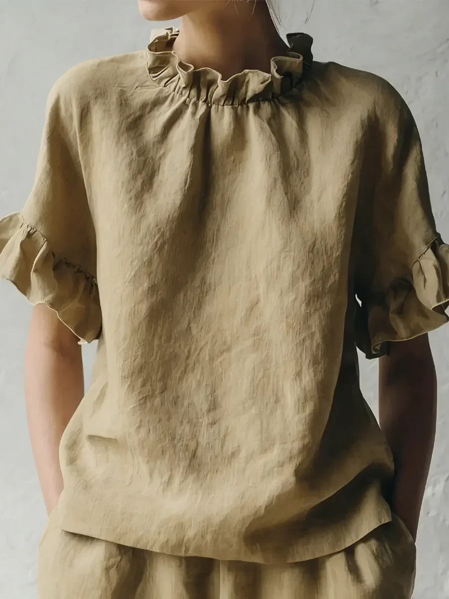 Women's Summer Solid Ruffle Short Sleeve Loose Casual Top