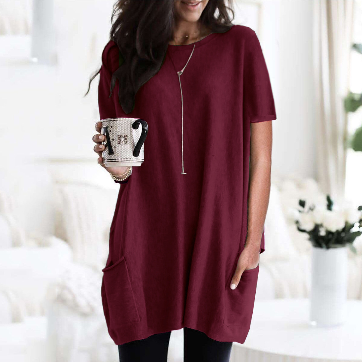 Women's Long Sleeve Pocket T-Shirt Casual Loose Fit Crew Neck Top