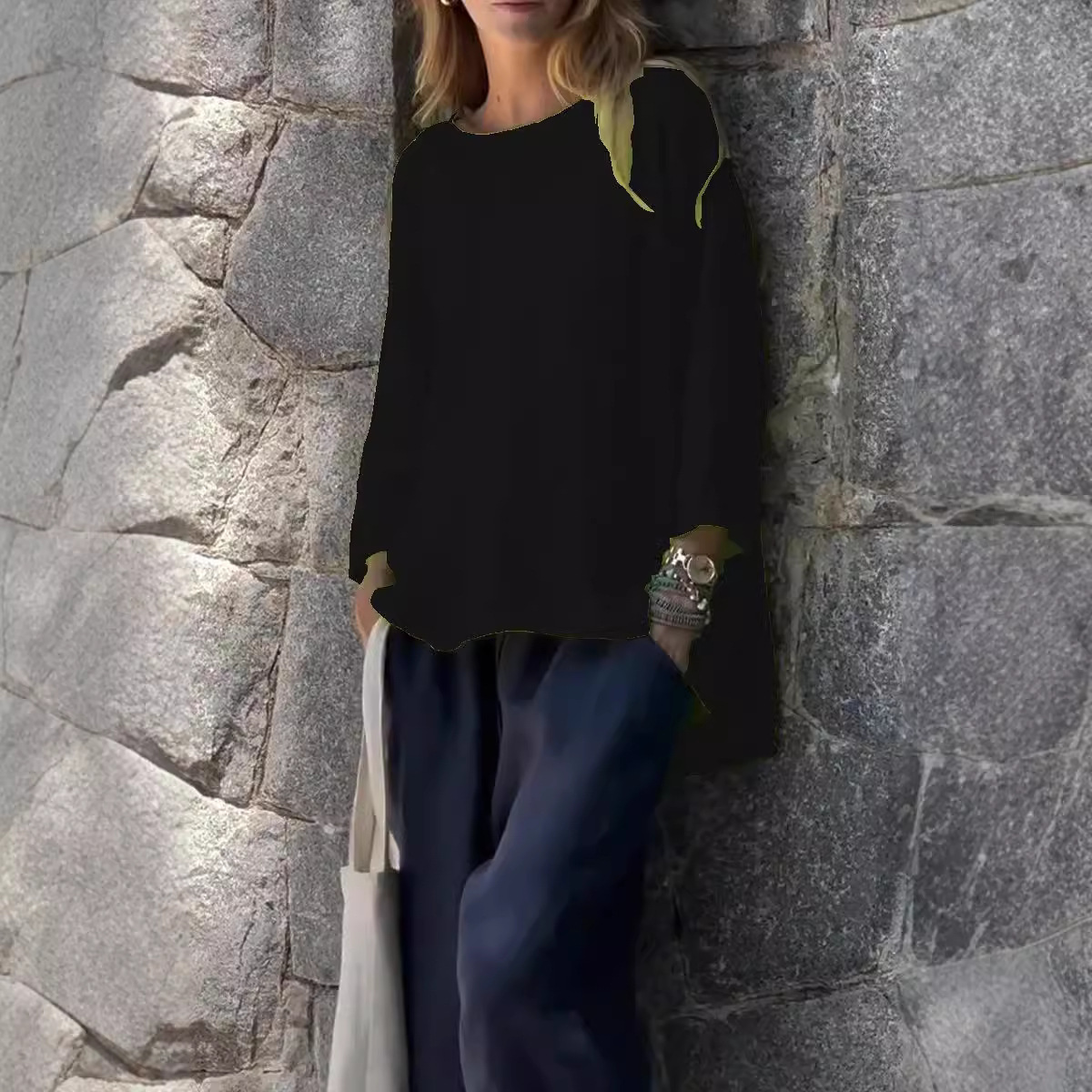 Women's 3/4 Sleeve Crewneck Cotton Linen Loose Shirt Top